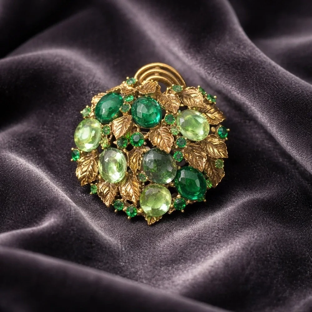 Vtg Arthur Pepper Brooch Pin Greens Cabochon Rhinestone Gold Leaves Gripoix RARE